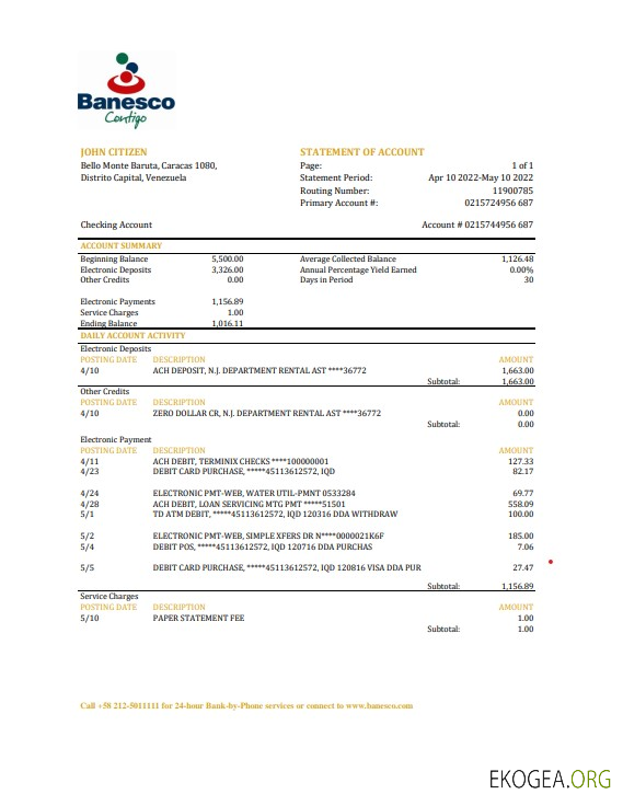 Relevé bancaire Venezuela Banesco, modèle Excel et PDF